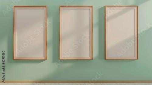 A gallery setting with a trio of mockup art frames on a soft seafoam green wall, each frame empty and highlighted by gentle ambient lighting to evoke calmness photo