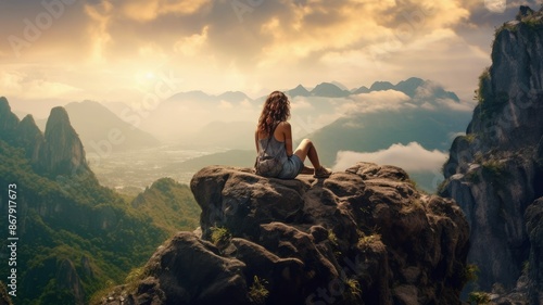 Solo traveler woman sitting on mountain peak while looking at mountain view with calm and peaceful scene. Adventure and wanderlust concept. Serene nature landscape for poster, and inspiration. AIG35. © Summit Art Creations