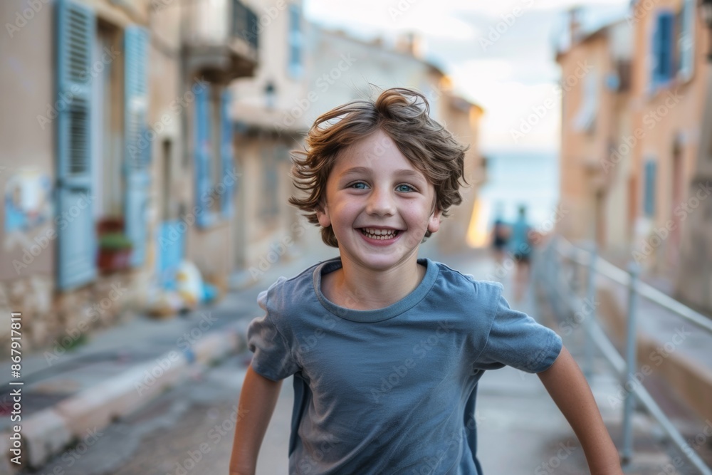 Young boy motion embodies carefree happiness along water. Happy child sprints effortlessly serene mediterranean coast. Running sea boy symbolizes pure joy of exploration. Young boy motion embodies carefree happiness along water. Happy child sprints effortlessly serene mediterranean coast. Running sea boy symbolizes pure joy of exploration.