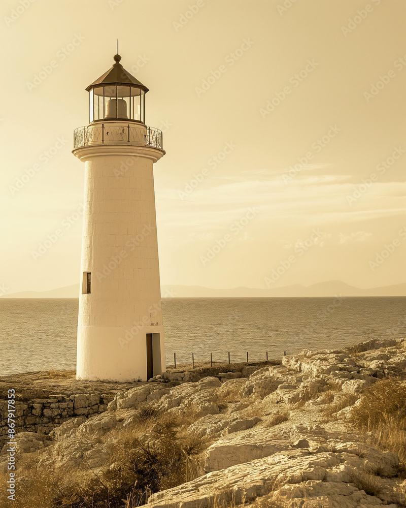 Naklejka premium Lighthouse on the seaside, retro style, vintage photography