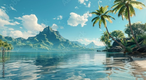 Tropical Beach Scene With Clear Water and Palm Trees