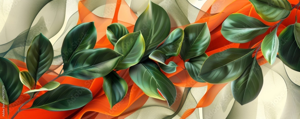 Abstract digital artwork of green leaves on a vibrant orange background Abstract digital artwork of green leaves on a vibrant orange background