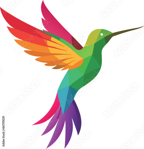 Colorful geometric hummingbird illustration in flight with vibrant polygonal design