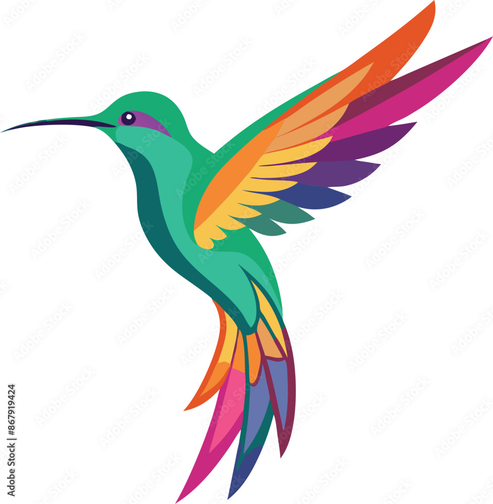 Colorful hummingbird illustration with vibrant wings in flight isolated on white background Colorful hummingbird illustration with vibrant wings in flight isolated on white background