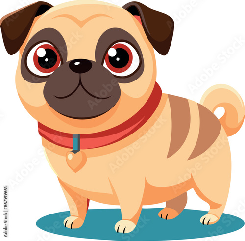 Cute cartoon pug dog illustration with red collar on white background