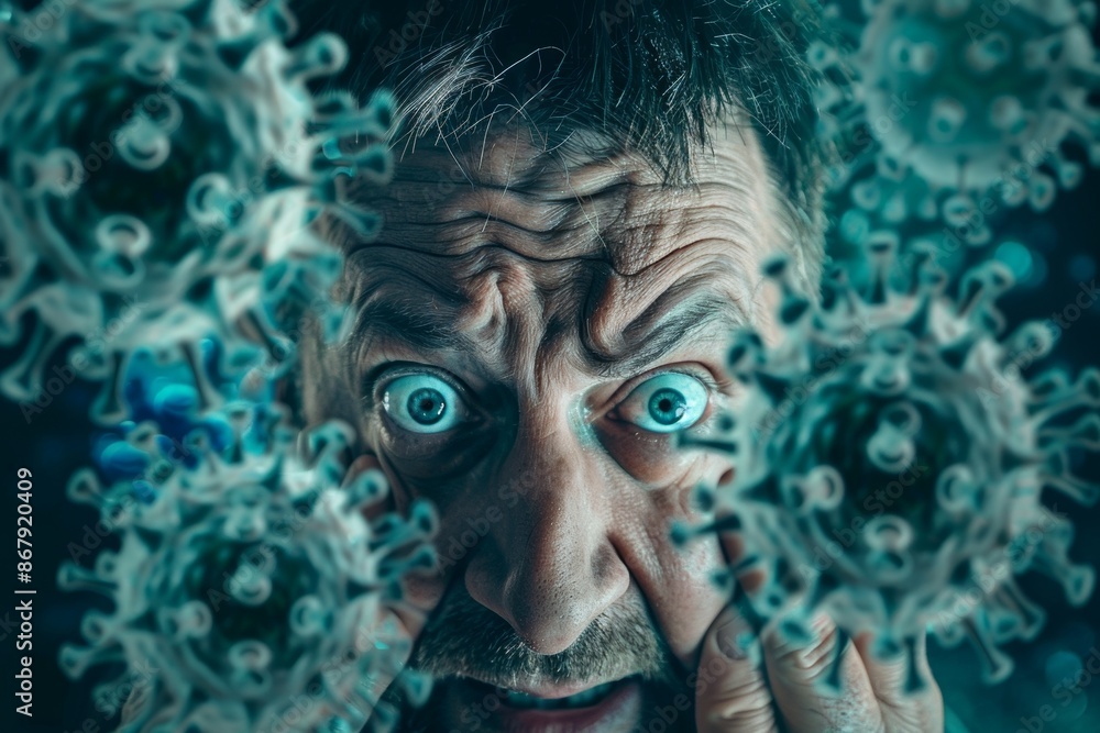 Man troubled face showing signs of stress and apprehension. Close look man experiencing sheer fear and dread. Symbolic representation of panic and stress overwhelming person. Man troubled face showing signs of stress and apprehension. Close look man experiencing sheer fear and dread. Symbolic representation of panic and stress overwhelming person.