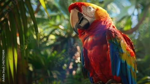 A Scarlet Macaw up close on a branch in a tropical forest, displaying its colorful feathers and beauty AIG62 photo