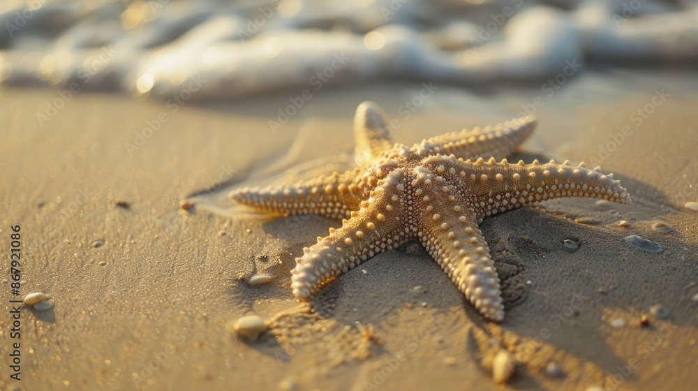 Star shaped sea creature on warm sandy shore Star shaped sea creature on warm sandy shore