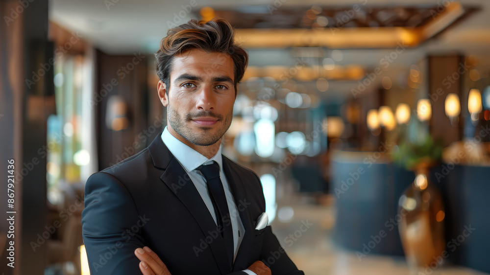 In a stylish, sophisticated indoor setting, a man in a dark suit and tie stands confidently with folded arms, conveying professionalism and authority. In a stylish, sophisticated indoor setting, a man in a dark suit and tie stands confidently with folded arms, conveying professionalism and authority.