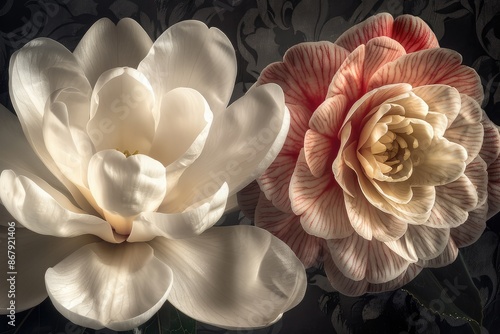 A magnolia and a camellia, juxtaposing the large, creamy blooms of the magnolia with the dense, vivid petals of the camellia against a dark charcoal background. photo