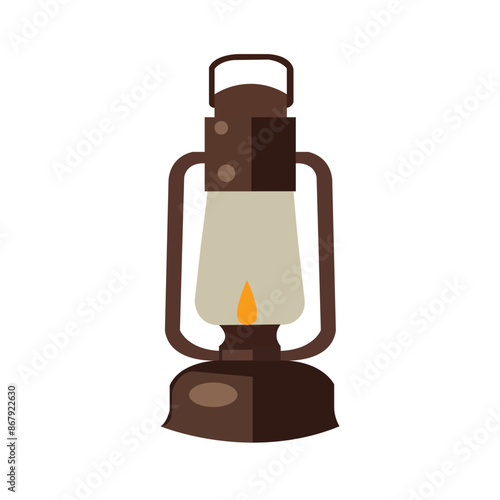 Vintage oil burning lamp clip art, kerosene oil lantern vector image, outdoor camping hanging light illustration