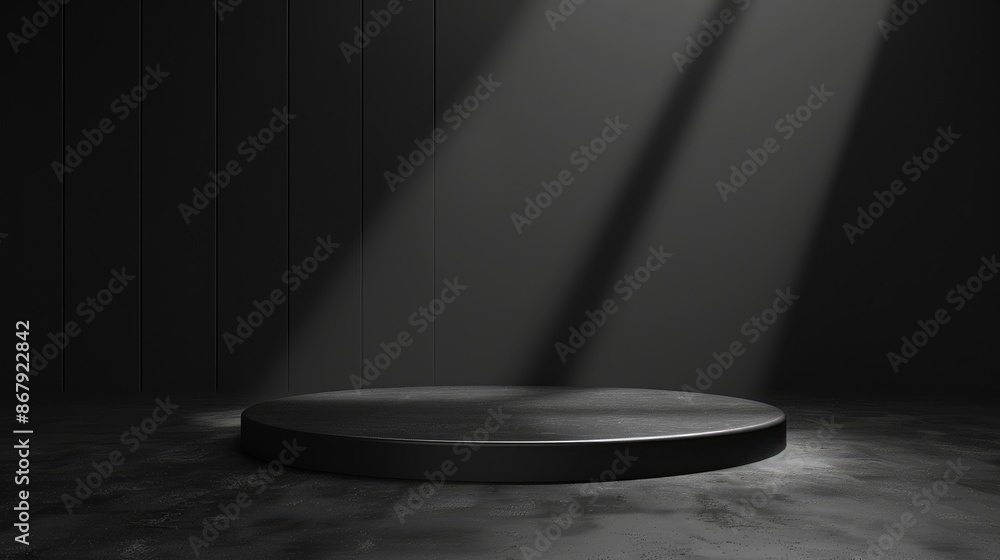 Empty round platform illuminated by a dramatic beam of light, ideal for product placement, showcase, or presentation. Concept of spotlight, exhibition, and minimalism Empty round platform illuminated by a dramatic beam of light, ideal for product placement, showcase, or presentation. Concept of spotlight, exhibition, and minimalism