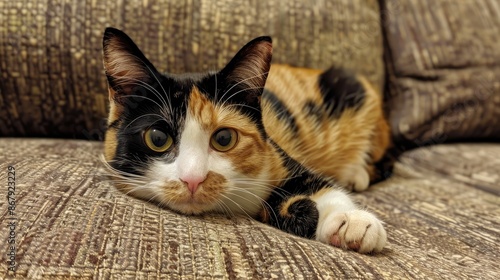 Tricolored cat with wide eyes on couch © TheWaterMeloonProjec