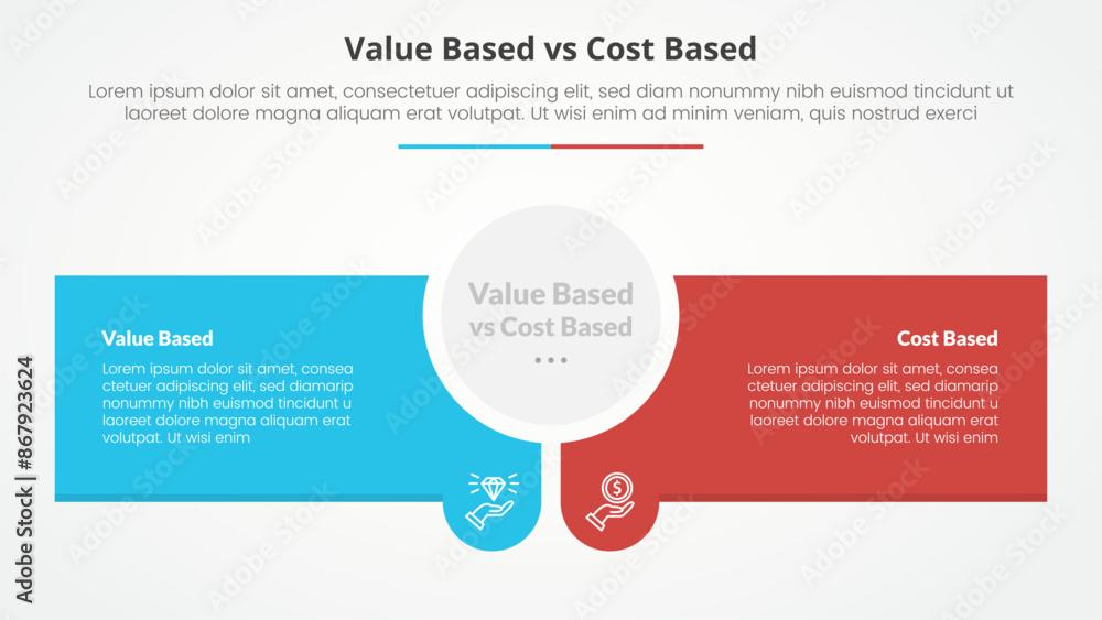 value based vs cost based comparison opposite infographic concept for slide presentation with circle center and creative rectangle box with flat style value based vs cost based comparison opposite infographic concept for slide presentation with circle center and creative rectangle box with flat style