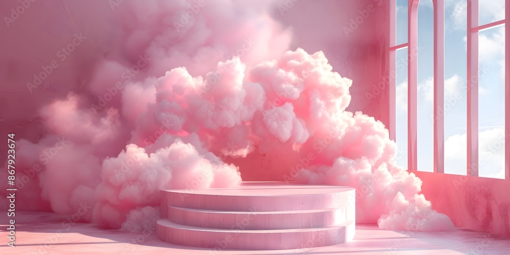 Background podium pink 3d product sky platform display cloud pastel scene render stand. Pink podium stage minimal abstract background beauty dreamy space studio pedestal smoke showcase geometric white Background podium pink 3d product sky platform display cloud pastel scene render stand. Pink podium stage minimal abstract background beauty dreamy space studio pedestal smoke showcase geometric white