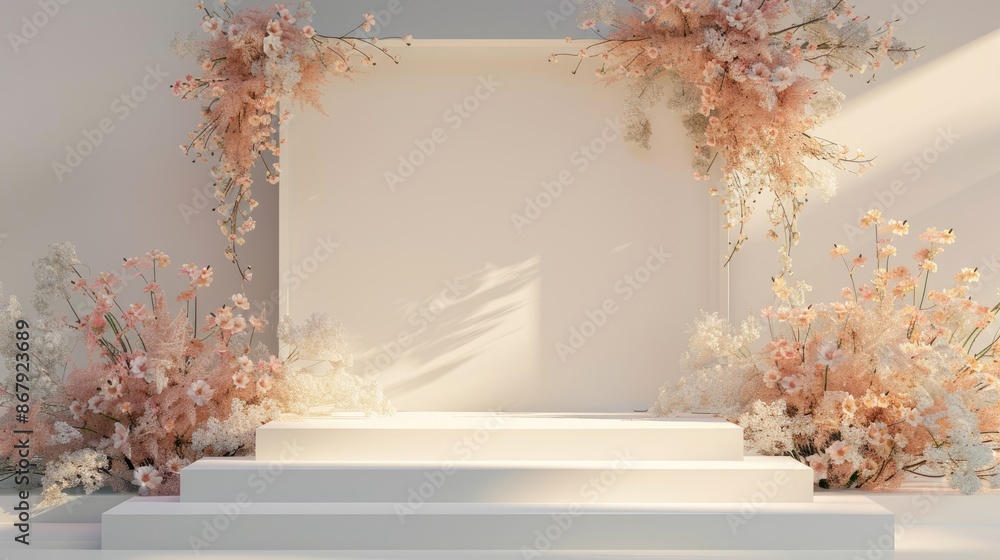 Elegant white wedding ceremony backdrop decorated with pastel flowers, floral arrangements and pampas grass. Minimalist decoration for celebration of love, marriage, and commitment. Elegant white wedding ceremony backdrop decorated with pastel flowers, floral arrangements and pampas grass. Minimalist decoration for celebration of love, marriage, and commitment.