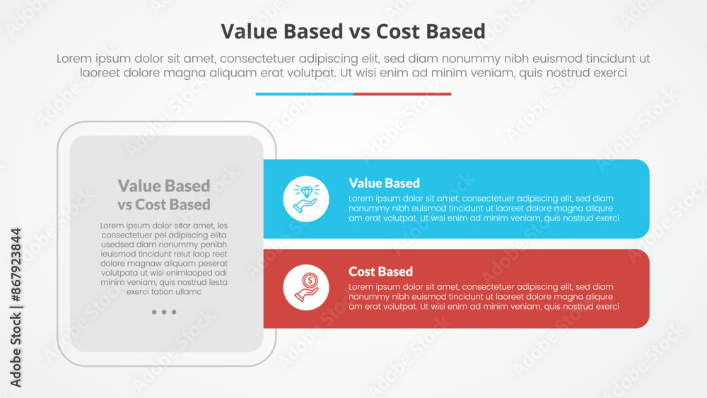 value based vs cost based comparison opposite infographic concept for slide presentation with big box and long rectangle shape with flat style value based vs cost based comparison opposite infographic concept for slide presentation with big box and long rectangle shape with flat style