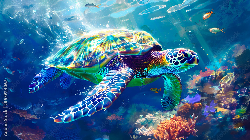 Obraz premium Majestic Green Sea Turtle Exploring Vibrant Underwater Coral Reef Ecosystem Beautiful marine life and colorful tropical fish swimming in the clear blue ocean water