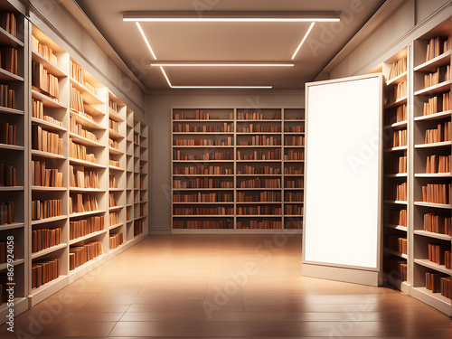  White blank billboard on bookstore, for advertising, mockup presentations, announcements, promotions, and digital marketing. Blank sign poster in bookstore shop banner 

