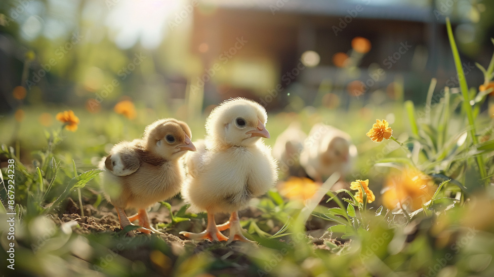 Young chickens roam freely in a sunny rural farm, AI Generative. Young chickens roam freely in a sunny rural farm, AI Generative.