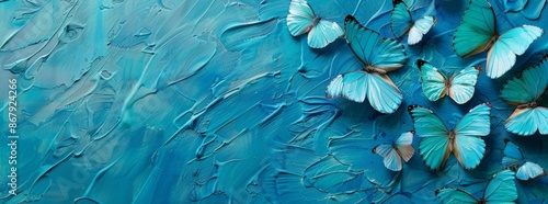 A bluegreen backdrop adorned with blue butterflies creates visually captivating and vibrant artwork photo