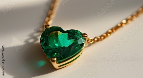 Close Up of a Green Emerald Heart Pendant on a Gold Chain