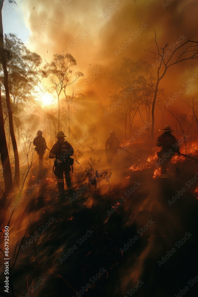 Fototapeta premium Firefighters battle a wildfire. AI.