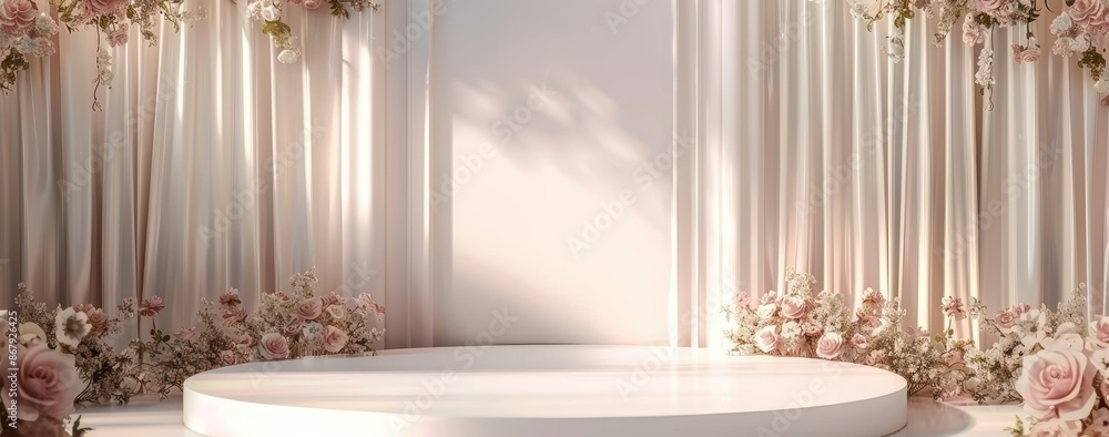 Elegant white podium with floral decorations and curtain backdrop for product placement or wedding display. Concept of romance, luxury, beauty, and celebration Elegant white podium with floral decorations and curtain backdrop for product placement or wedding display. Concept of romance, luxury, beauty, and celebration