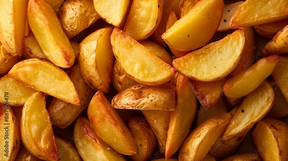 Crispy golden potato wedges close up. Crispy golden potato wedges close up.