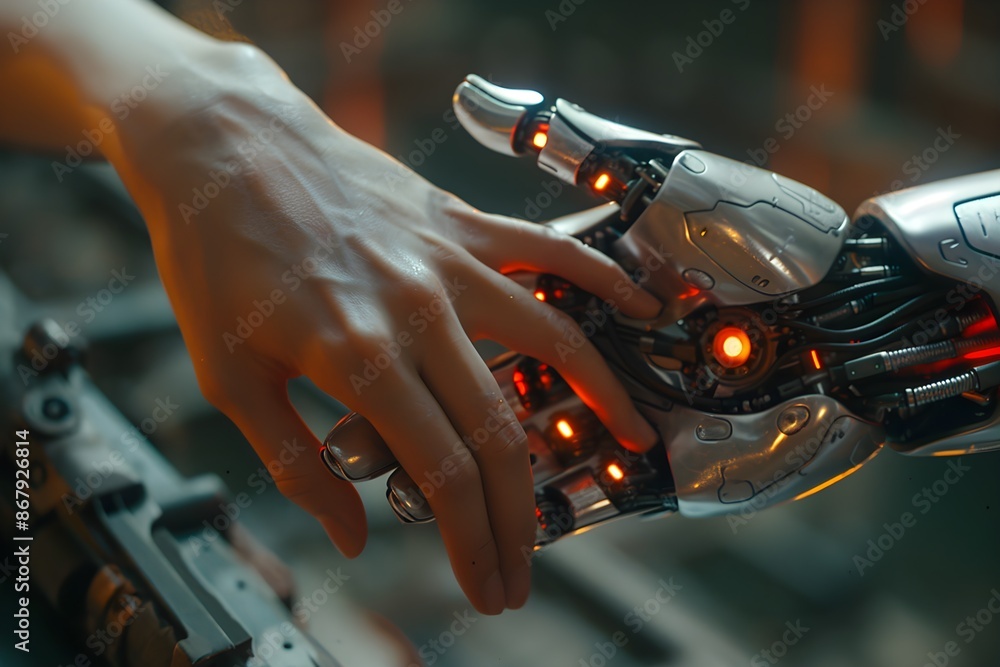 Robot hand making contact with human hand. Concept of harmonious coexistence of humans and AI technology Robot hand making contact with human hand. Concept of harmonious coexistence of humans and AI technology
