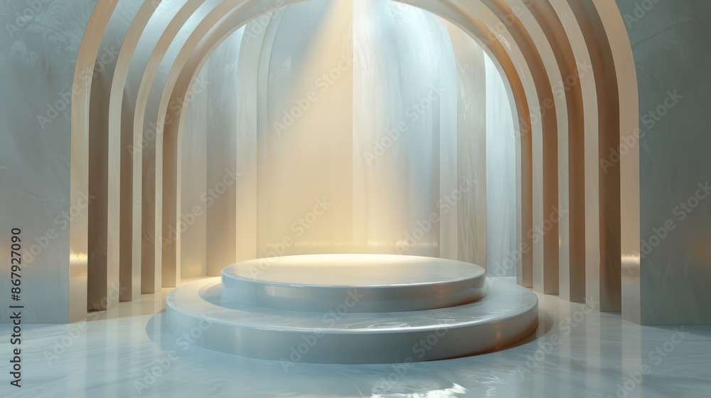 empty white podium, Warmly arches with reflective floors, suitable for elegant decor, events, and presentation empty white podium, Warmly arches with reflective floors, suitable for elegant decor, events, and presentation