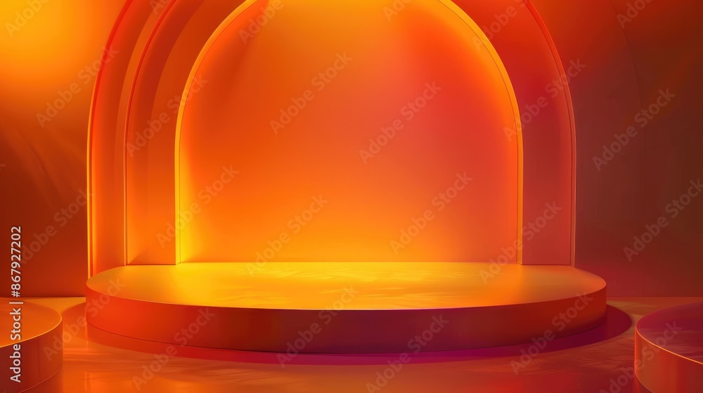 Vibrant orange podium with warm lighting and arches, perfect for bright decor, events, and presentation Vibrant orange podium with warm lighting and arches, perfect for bright decor, events, and presentation