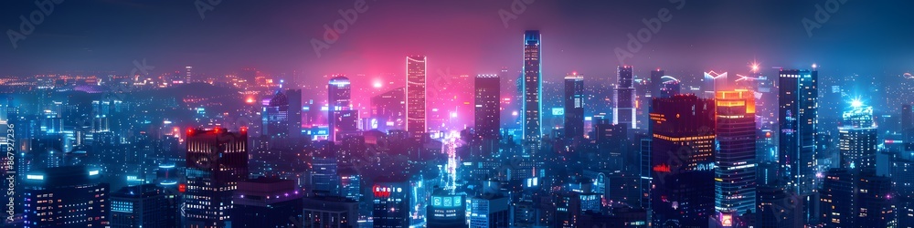 Beautiful neon night in a cyberpunk city. Illustration of the futuristic city skyscraper Beautiful neon night in a cyberpunk city. Illustration of the futuristic city skyscraper