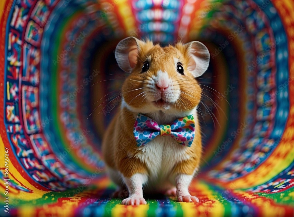 Fototapeta premium A cute hamster wearing a bow tie is standing in a colorful tunnel. AI.