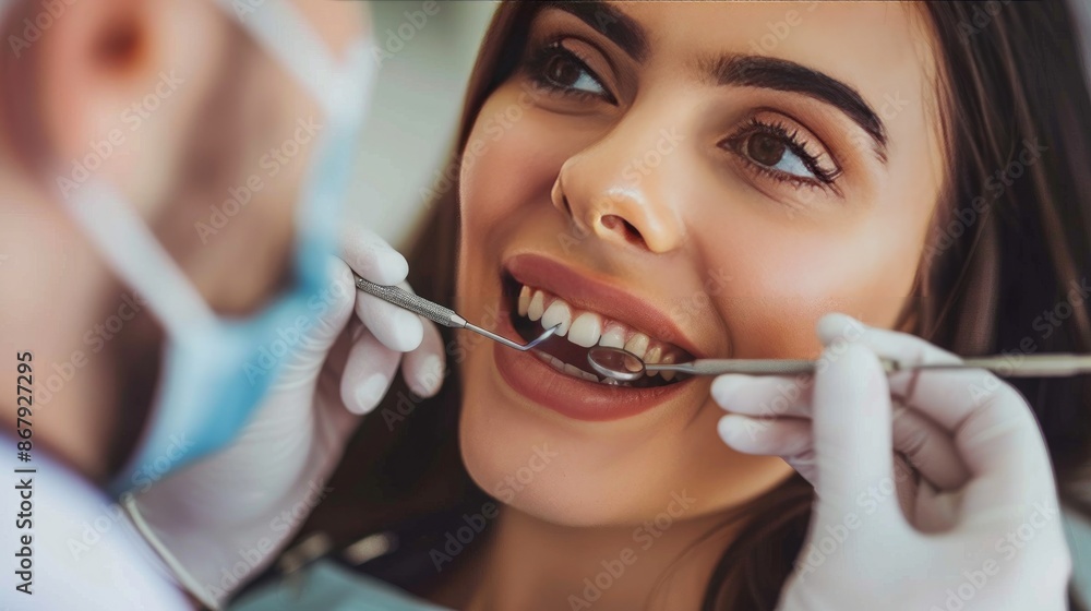 Young beautiful woman having her teeth examined during dental appointment at dentist's office Young beautiful woman having her teeth examined during dental appointment at dentist's office
