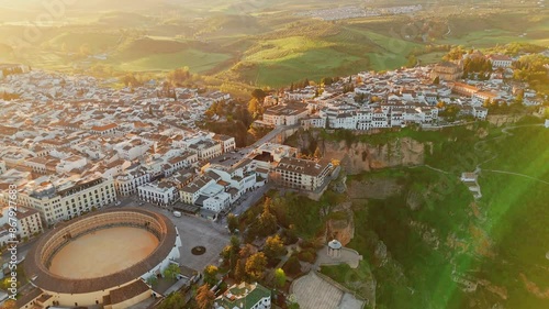 Aerial view of the Ronda medieval town at sunrise, Andalusia, Spain