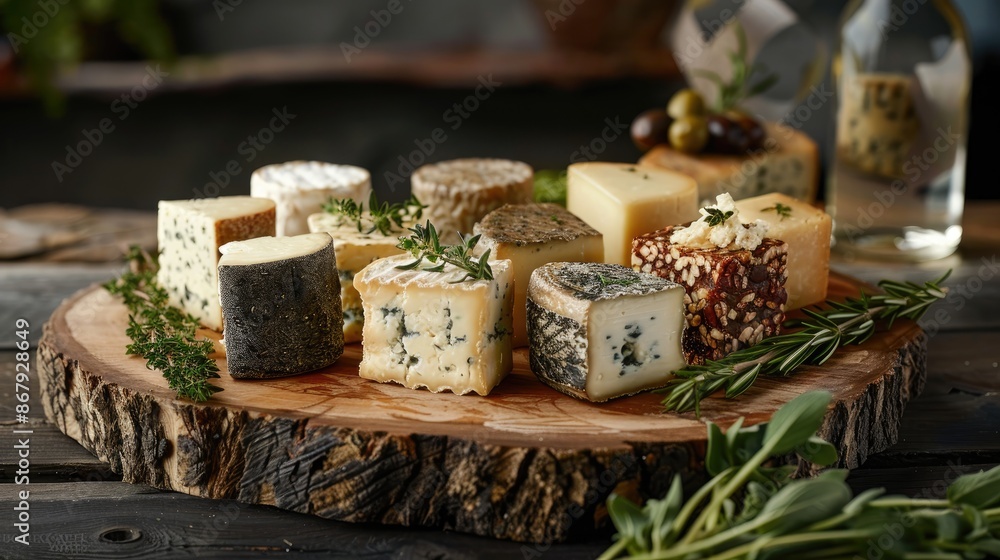 Varieties of cheese and herbs on a wooden board Varieties of cheese and herbs on a wooden board