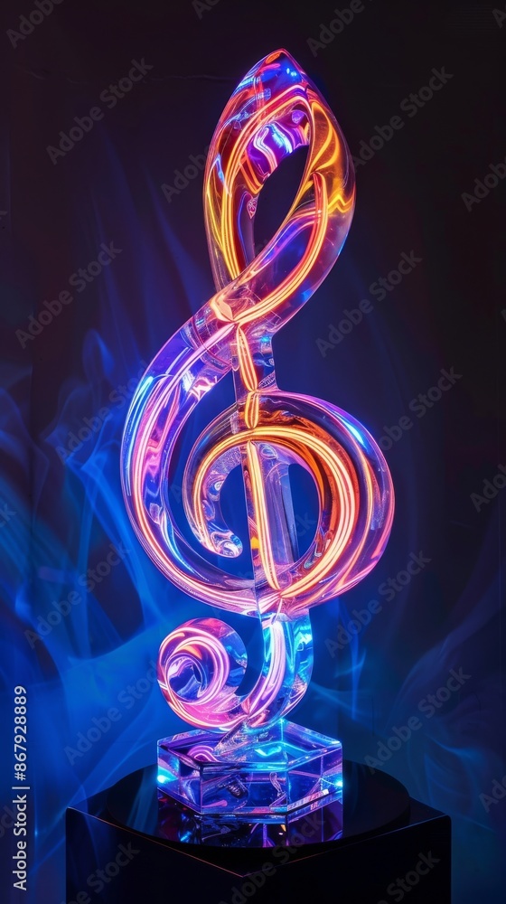 Neon treble clef sculpture with vibrant lights on dark background Neon treble clef sculpture with vibrant lights on dark background
