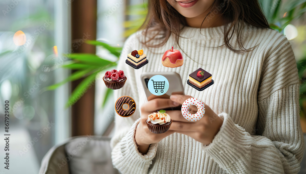 Woman ordering dessert online Generated by AI. Woman ordering dessert online Generated by AI.