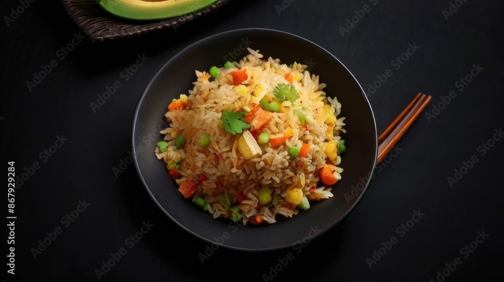 fried rice with vegetables on black background fried rice with vegetables on black background