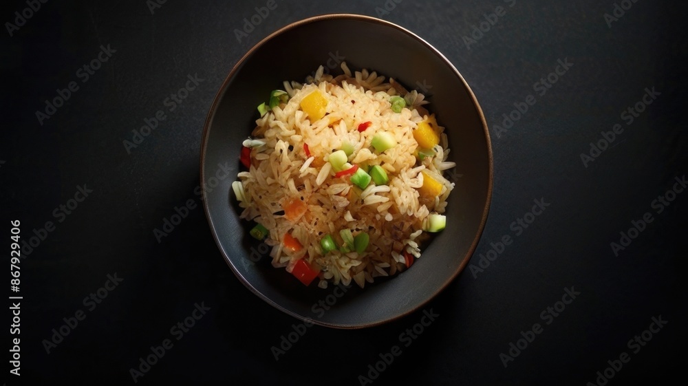fried rice with vegetables on black background fried rice with vegetables on black background