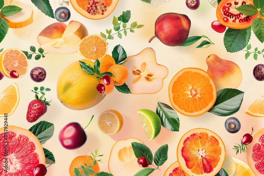 Bright fruits and leaves hover in the air against a yellow backdrop. Oranges, lemons, limes, pears, cherries, and grapefruits make up the image. Generative AI Bright fruits and leaves hover in the air against a yellow backdrop. Oranges, lemons, limes, pears, cherries, and grapefruits make up the image. Generative AI