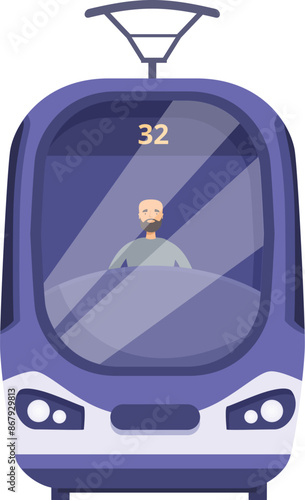 Male tram driver sitting in drivers seat looking out of front window driving public transportation route number 32