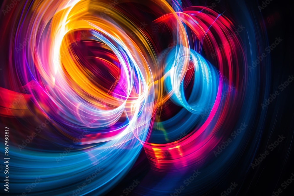Vibrant abstract light trails in motion, showcasing dynamic, colorful swirls and curves against a dark background. Vibrant abstract light trails in motion, showcasing dynamic, colorful swirls and curves against a dark background.