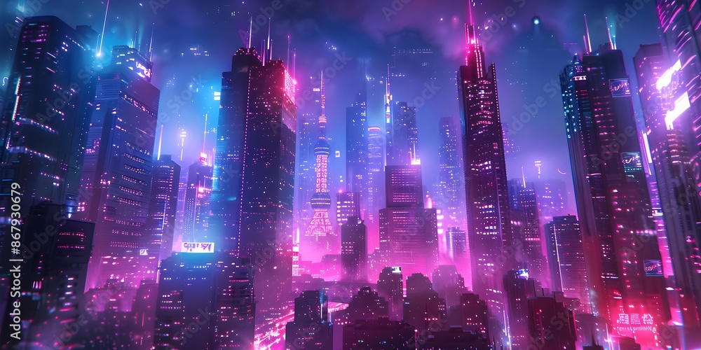 Beautiful neon night in a cyberpunk city. Illustration of the futuristic city skyscraper Beautiful neon night in a cyberpunk city. Illustration of the futuristic city skyscraper