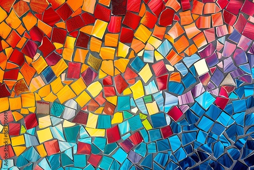 Vibrant mosaic pattern with colorful glass tiles forming an abstract design in shades of red, yellow, blue, and orange.