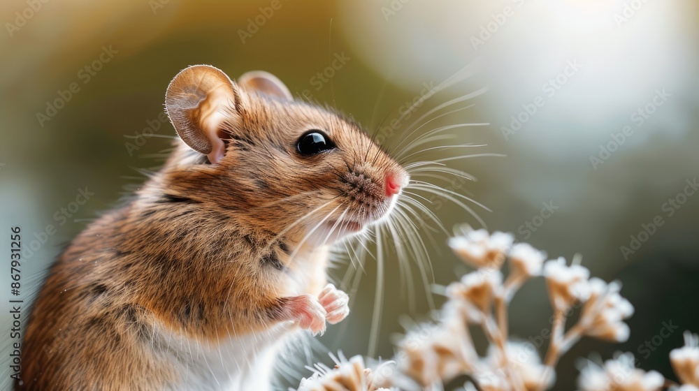A small brown mouse is standing on a flower. The mouse is looking at the camera. The flower is yellow and has a few brown spots A small brown mouse is standing on a flower. The mouse is looking at the camera. The flower is yellow and has a few brown spots