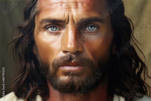 Jesus with long hair and blue eyes