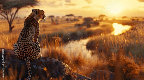 A cheetah is sitting on a rock in the savanna. The sun is setting in the background, casting a warm glow over the scene. The cheetah appears to be looking out over the savanna © At My Hat