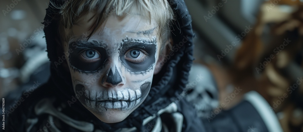Child with skull face paint and skeleton costume, interior room, Halloween attire, copy space. Child with skull face paint and skeleton costume, interior room, Halloween attire, copy space.